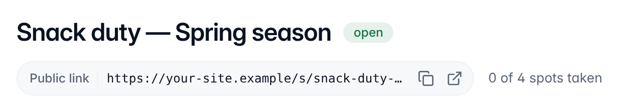 The top of a published signup, marked open, with the public link, its copy button and how many spots are taken.