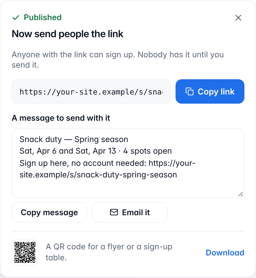 The panel that opens after publishing, with the link, Copy link, a message to send, Copy message, Email it and a QR code.